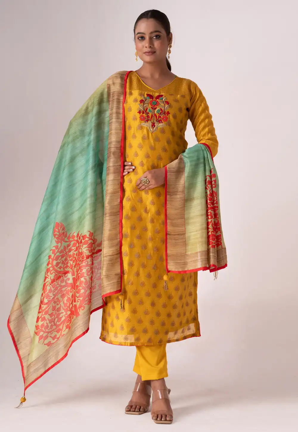 Mustard Tussar Silk Pant Style Suit 290402