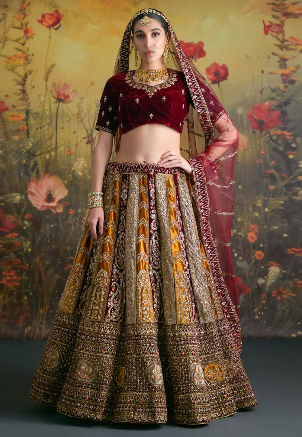 Mustard Velvet Bridal Lehenga Choli 305304