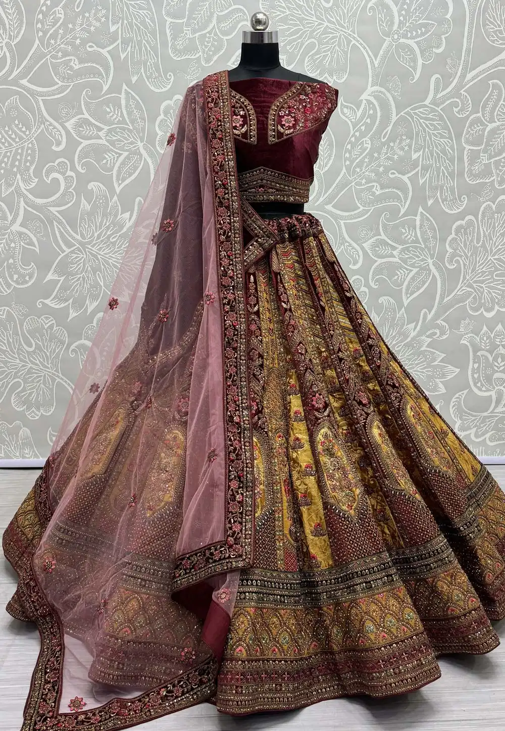 Mustard Velvet Bridal Lehenga Choli 290926