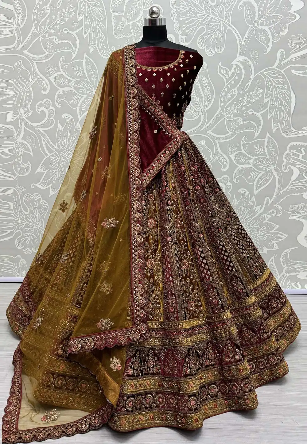 Mustard Velvet Bridal Lehenga Choli 290937