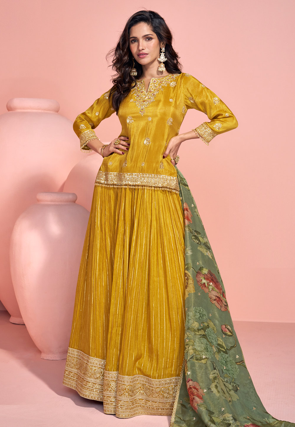 Mustard Viscose Jacquard Long Choli Lehenga 306222