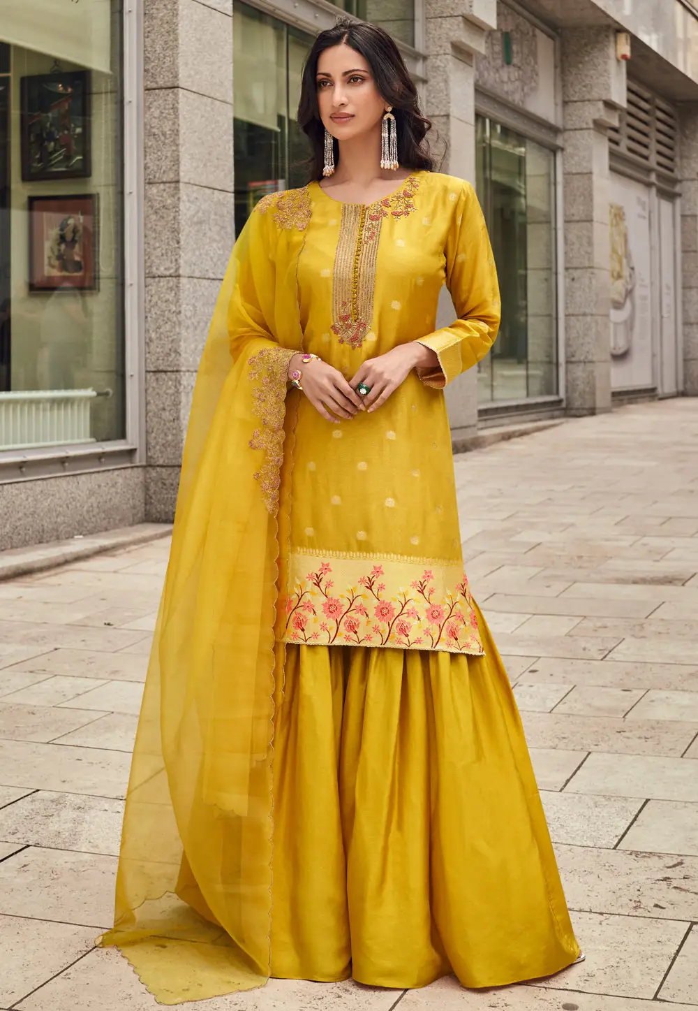 Mustard Viscose Jacquard Sharara Suit 297094