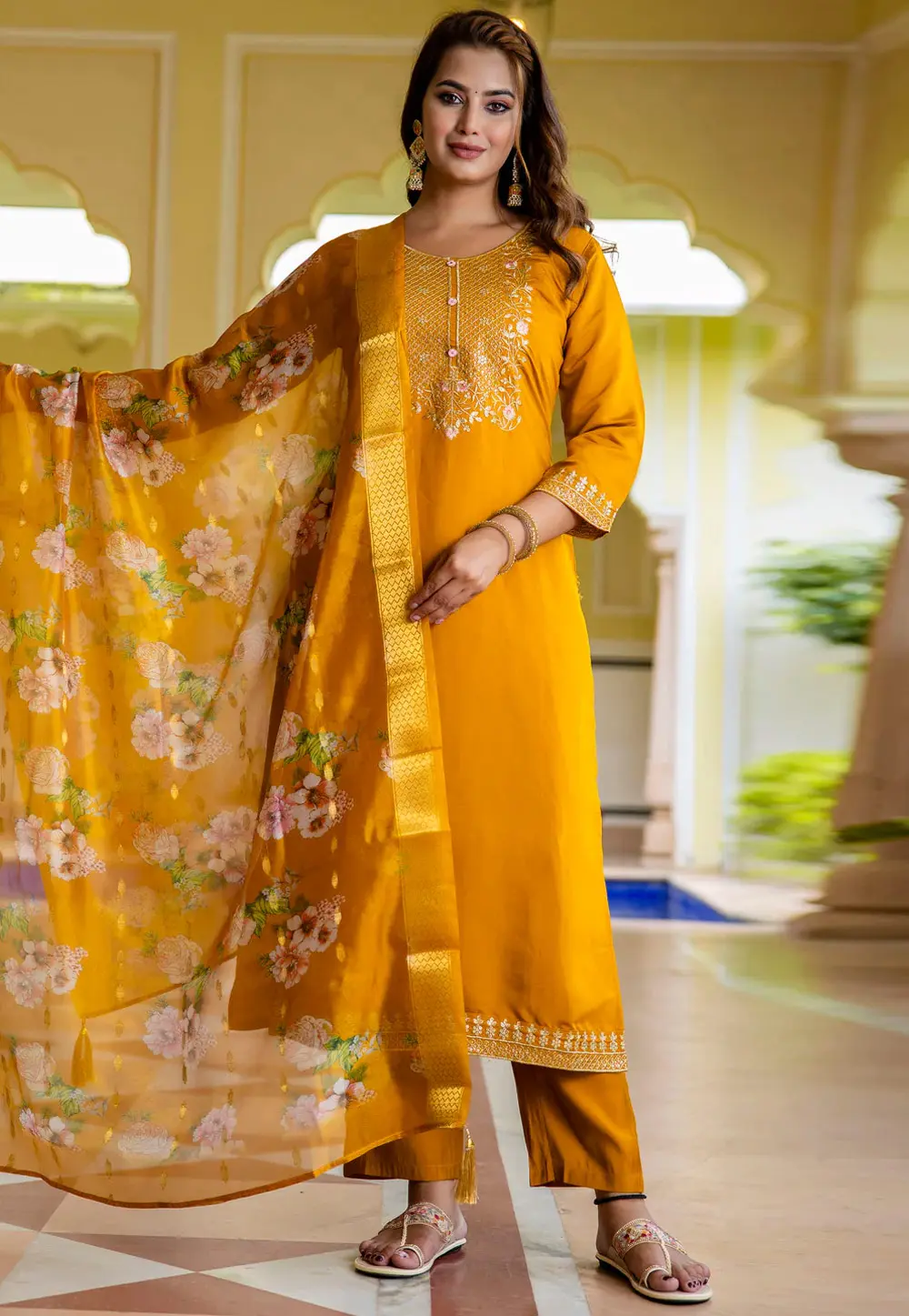 Mustard Viscose Rayon Readymade Pant Style Suit 297551