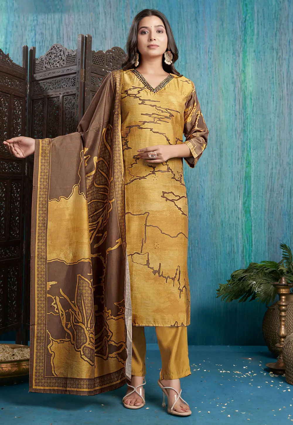 Mustard Viscose Readymade Pant Style Suit 297760