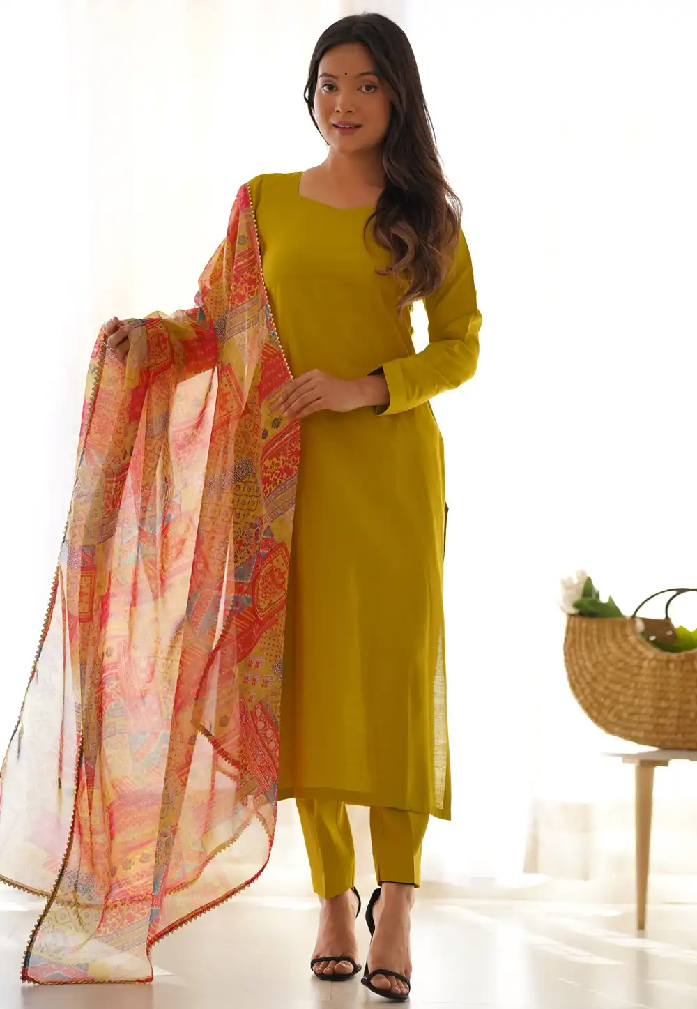 Mustard Viscose Readymade Pant Style Suit 292522