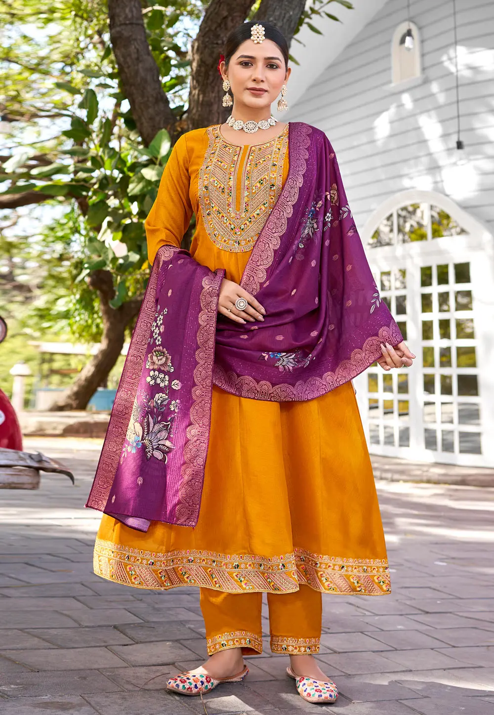 Mustard Viscose Readymade Pant Style Suit 303660