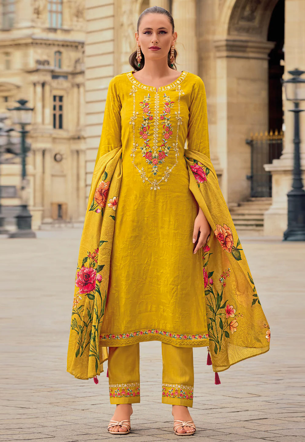 Mustard Viscose Readymade Pant Style Suit 307101