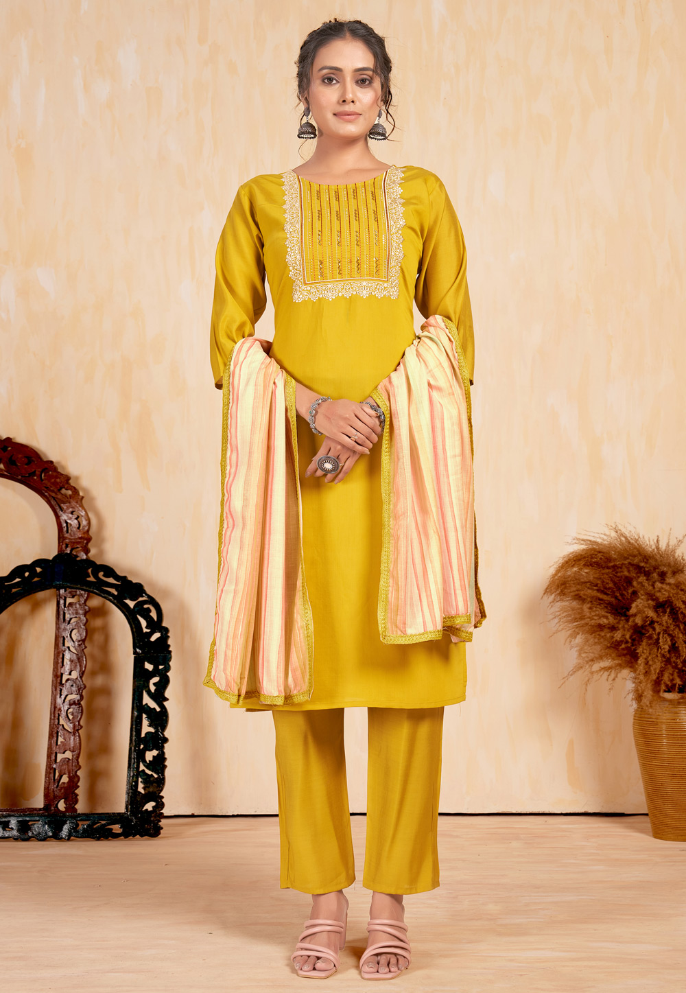 Mustard Viscose Readymade Pant Style Suit 284605
