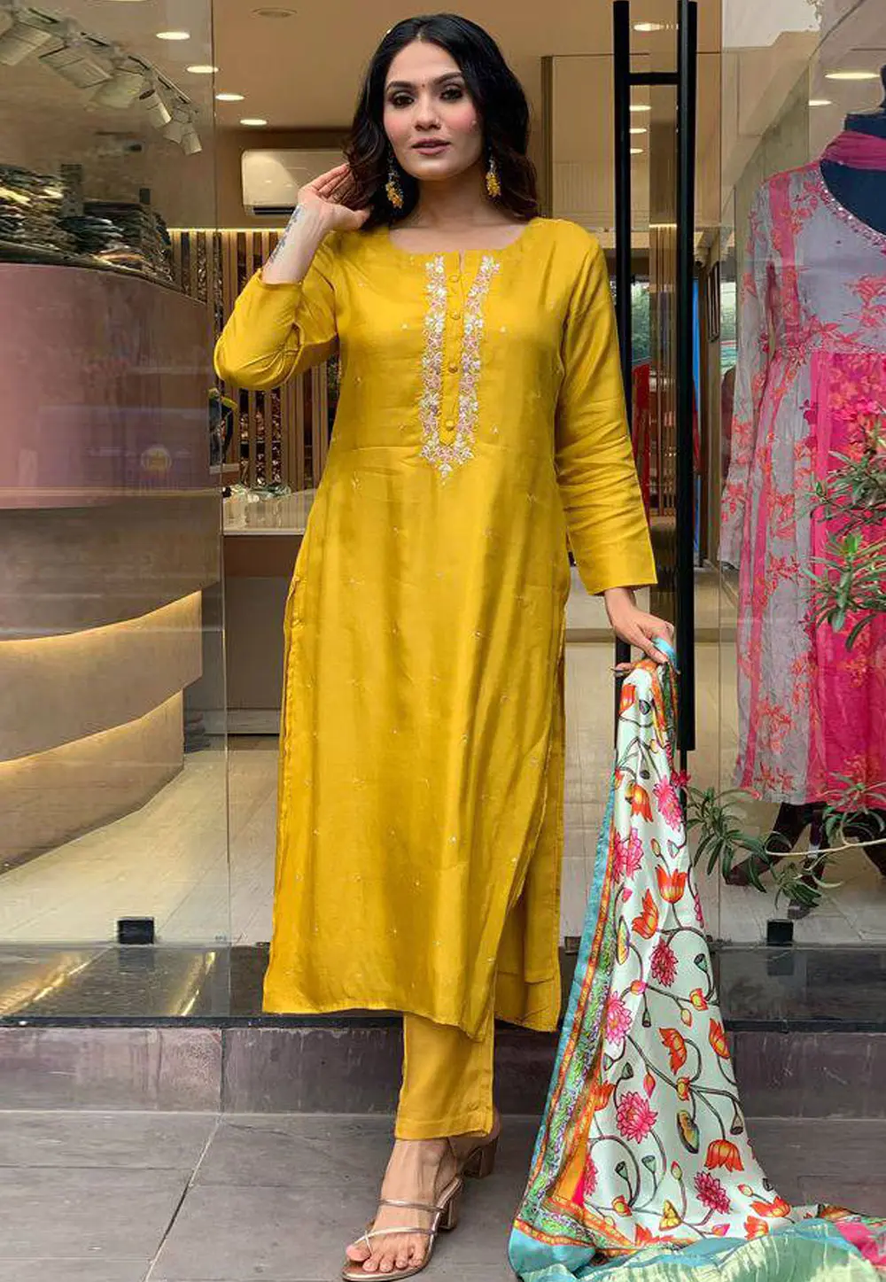 Mustard Viscose Readymade Pant Style Suit 299682