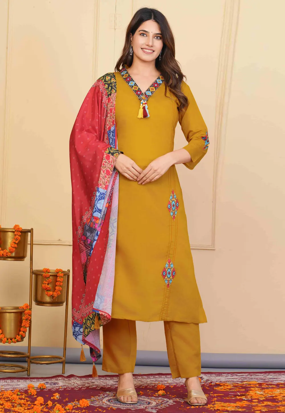 Mustard Viscose Readymade Pant Style Suit 302716