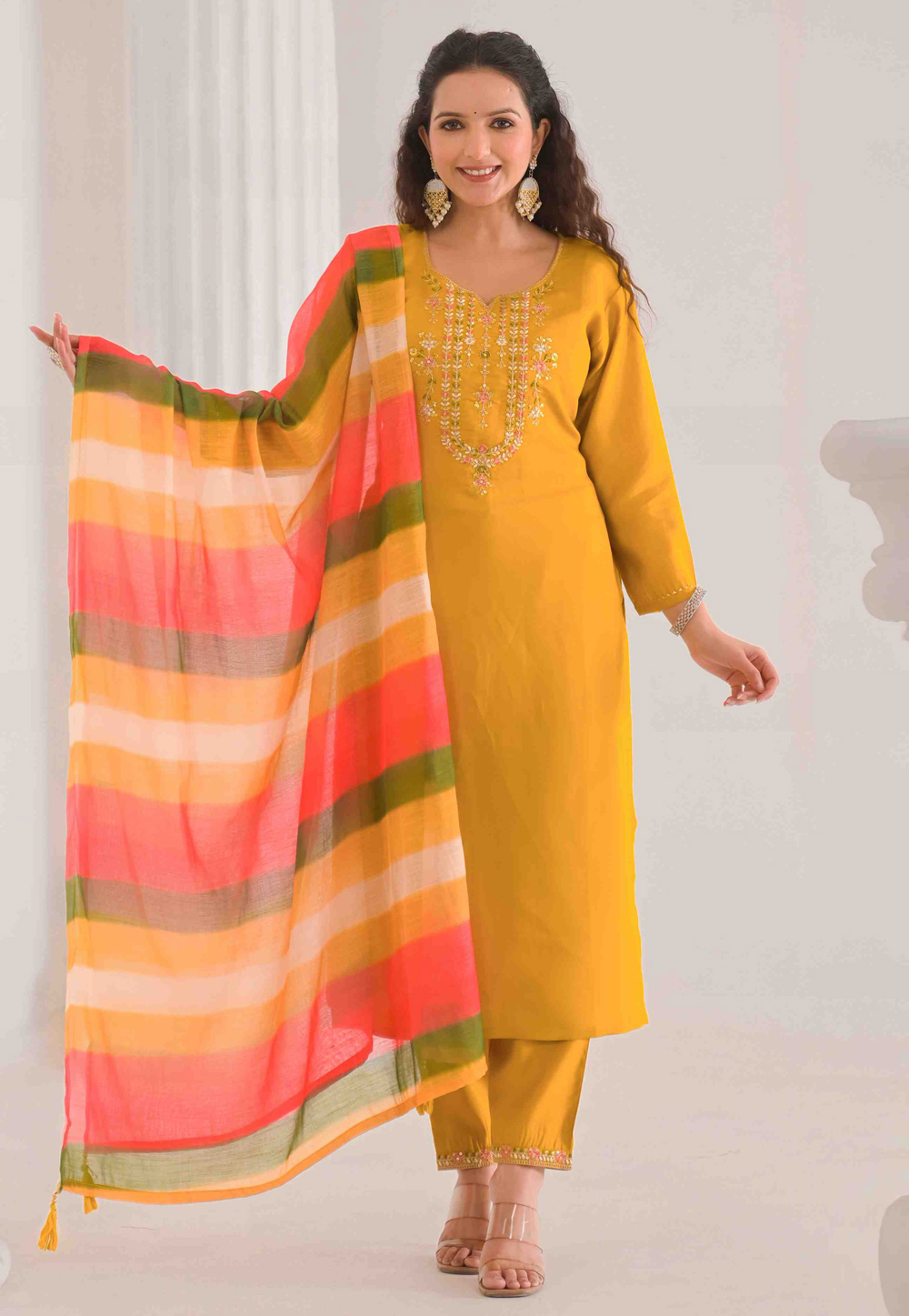 Mustard Viscose Readymade Pant Style Suit 306274