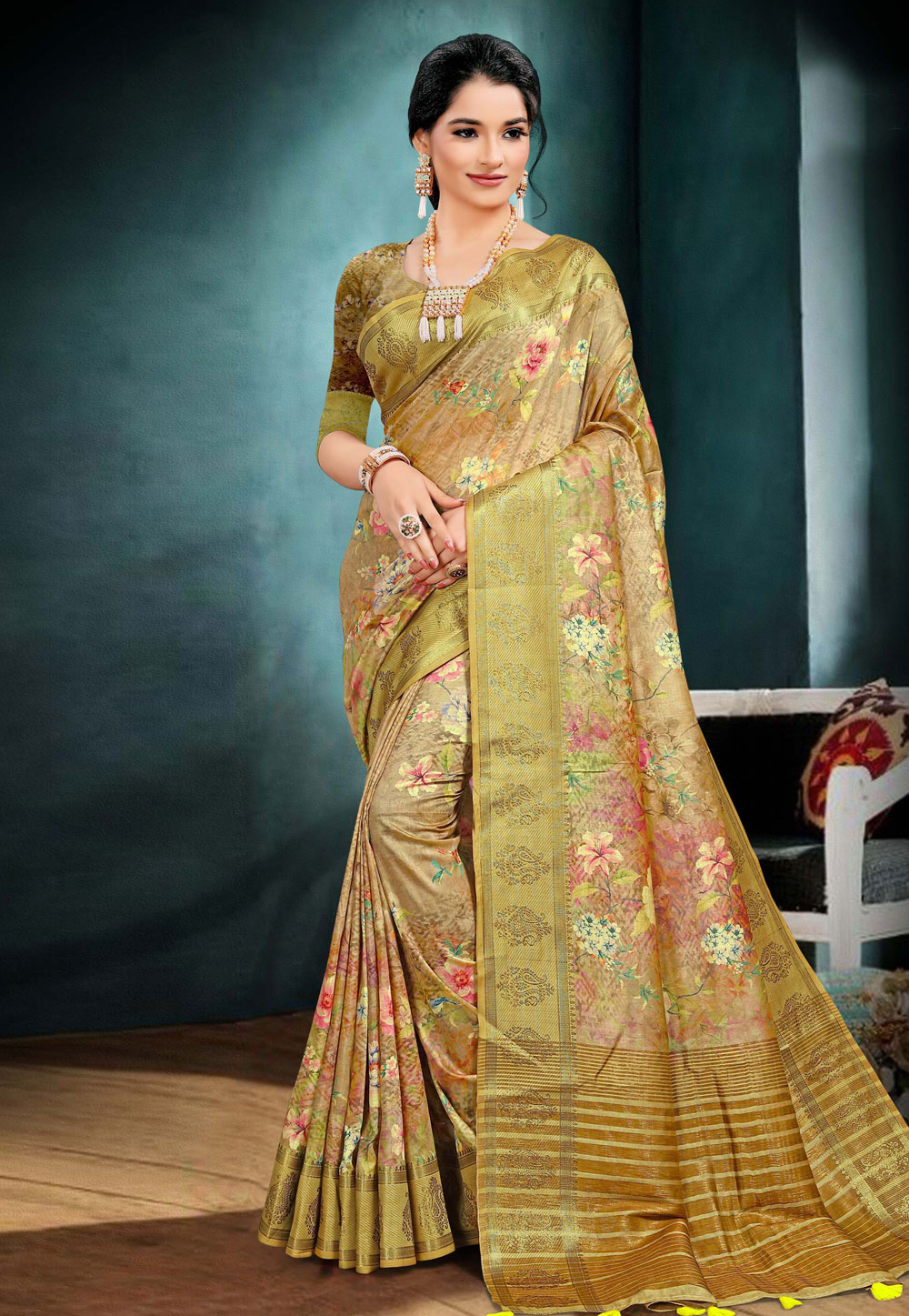 Olive Green Cotton Saree With Blouse 228529