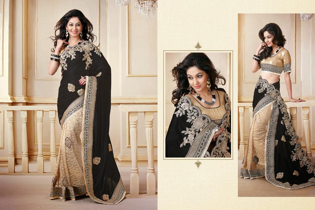 Black and Brown Sequins Work Wedding Saree 29017