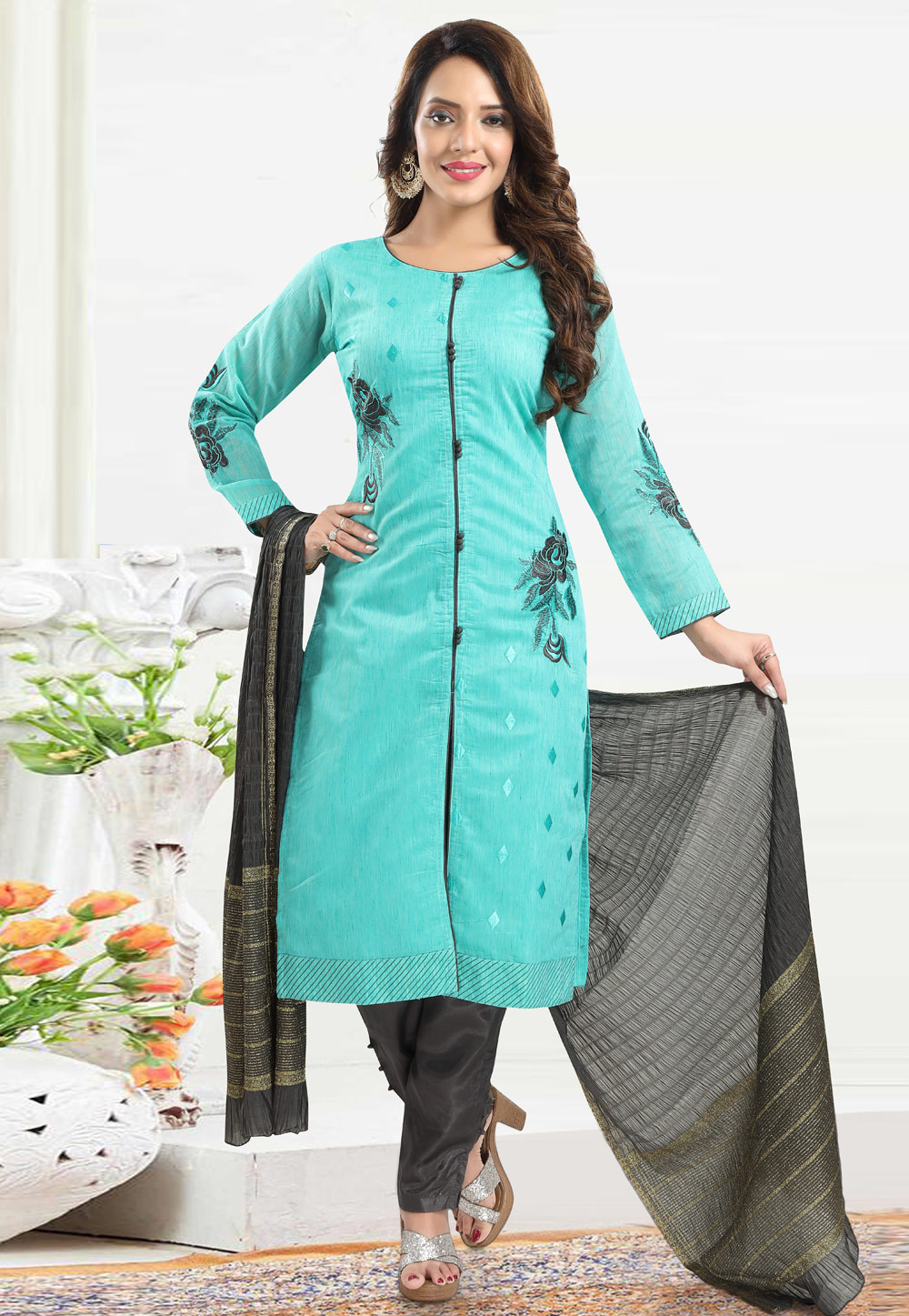 Sky Blue Chanderi Readymade Pant Style Suit 247282