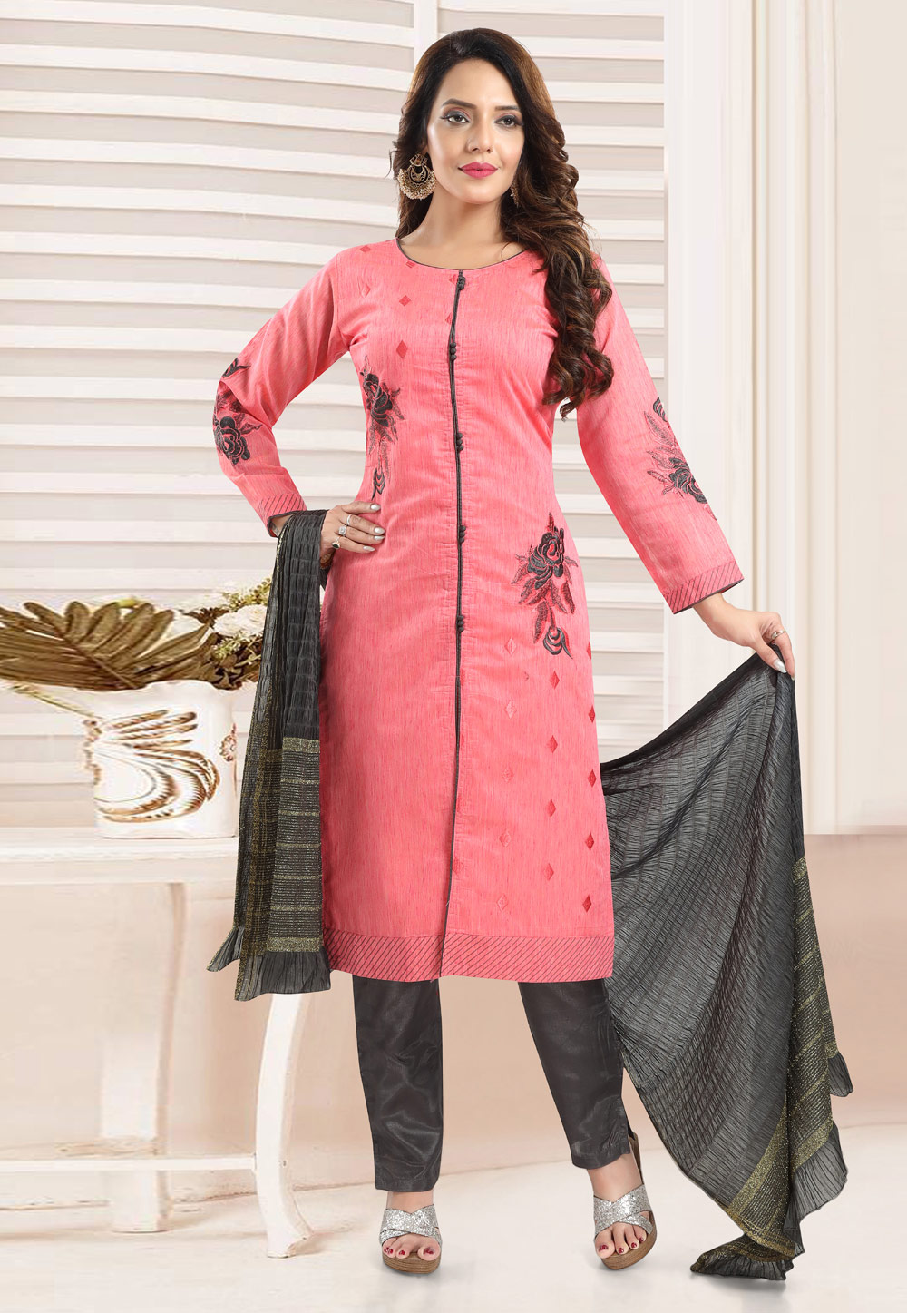 Pink Chanderi Readymade Kameez With Pant 247283