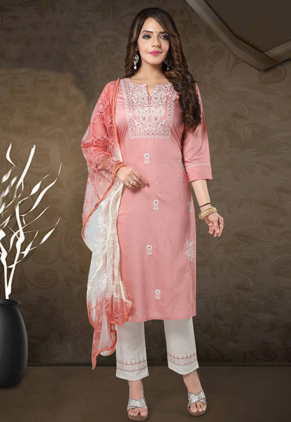 Pink Cotton Readymade Kameez With Pant 247289