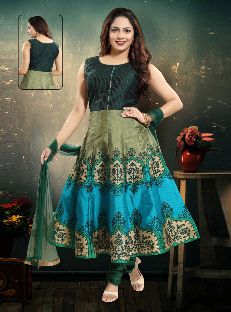 Green Crepe Readymade Anarkali Suit 147192