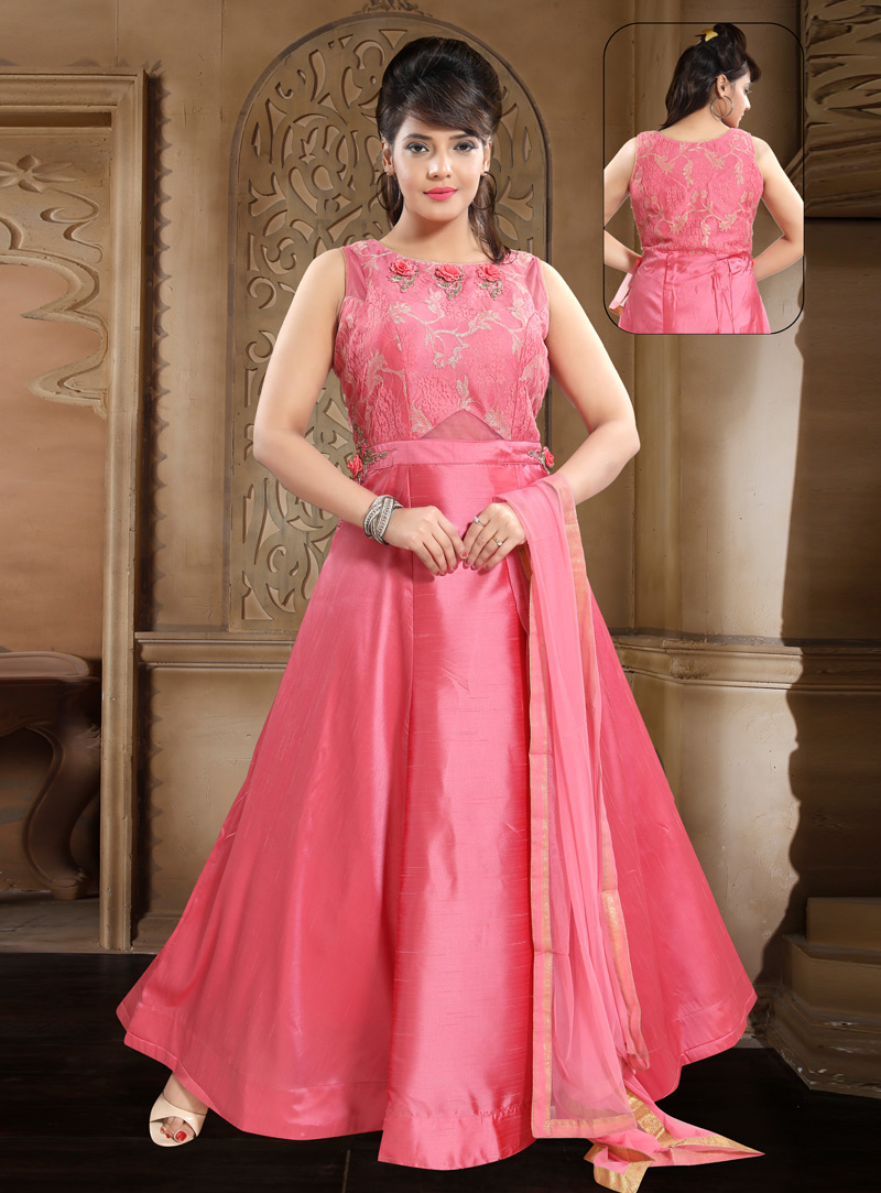 Pink Crepe Readymade Abaya Style Anarkali Suit 147219