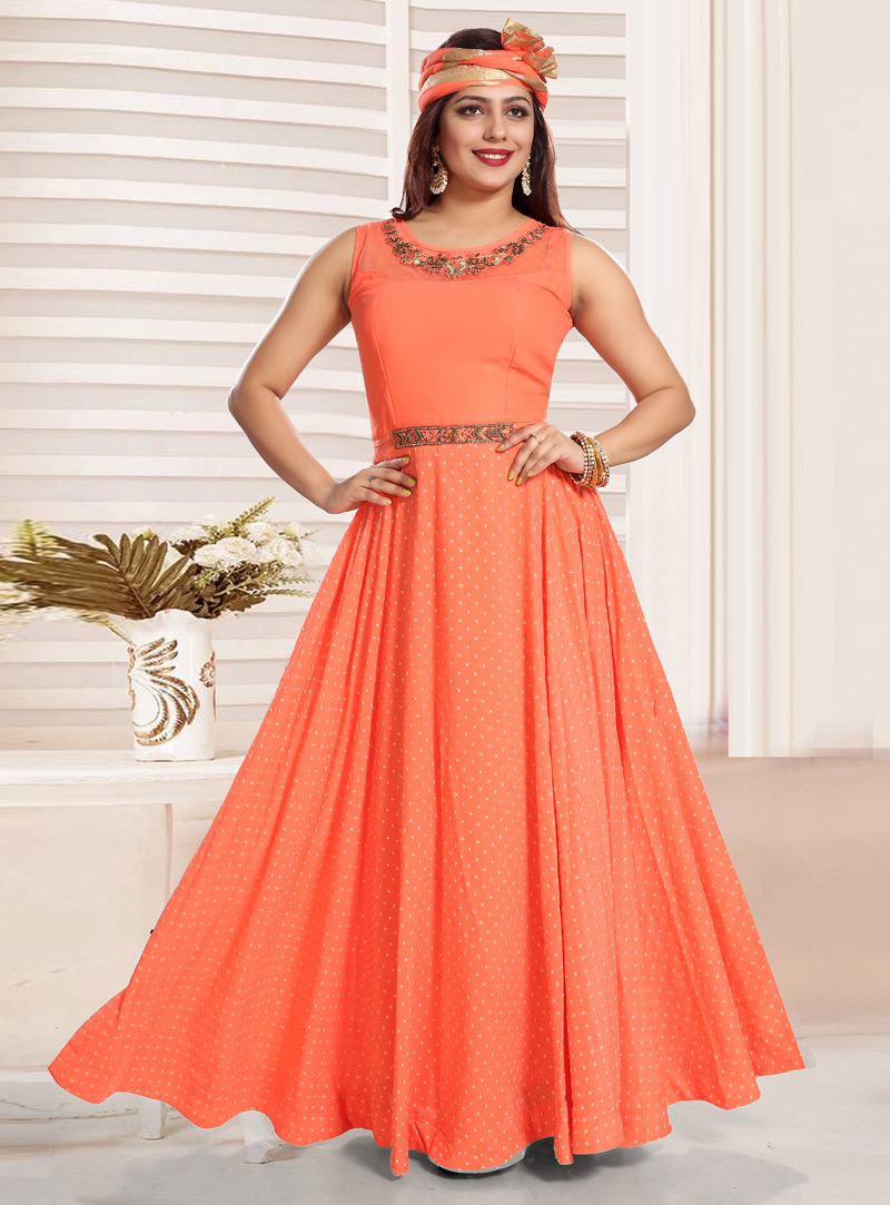 Orange Crepe Readymade Abaya Style Anarkali Suit 147203