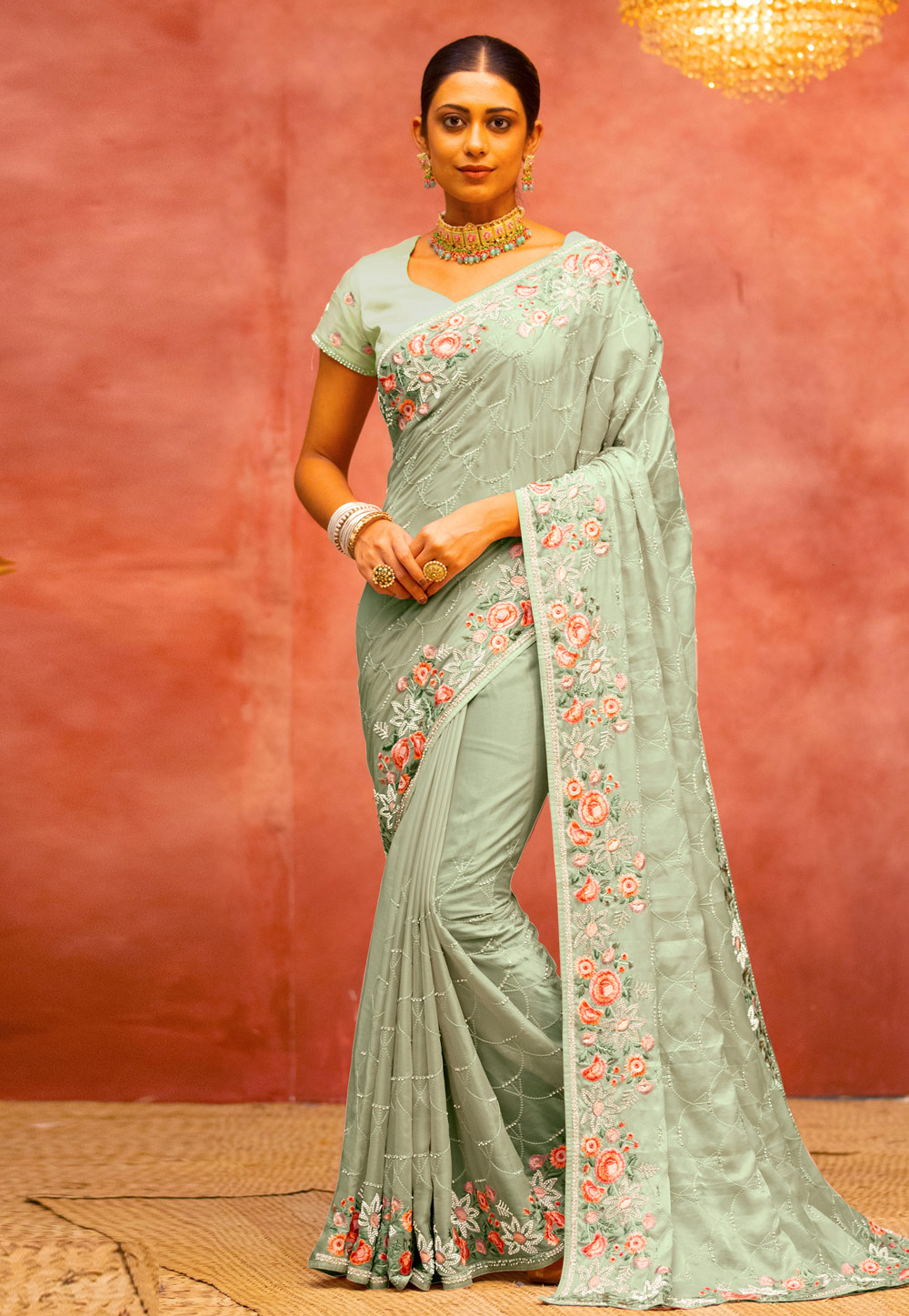 Sea Green Organza Saree With Blouse 258787