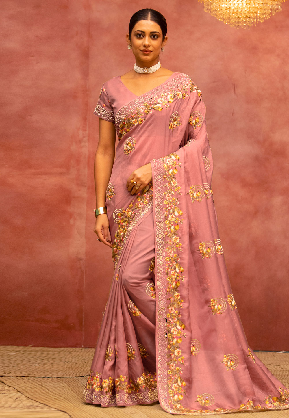 Pink Net Saree With Blouse 258794