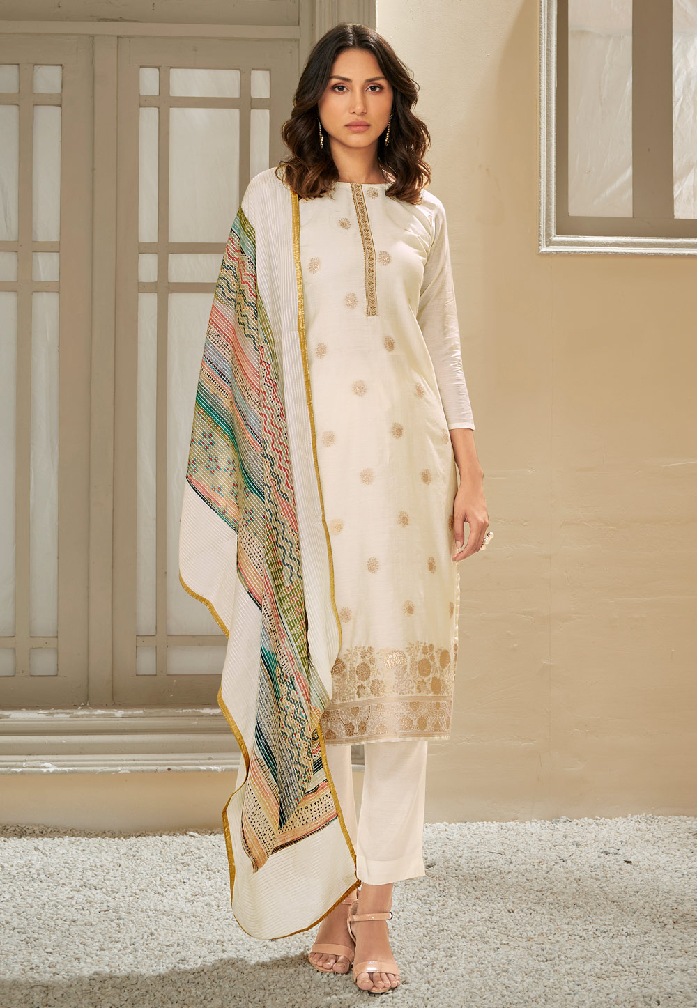 Off White Muslin Pant Style Suit 234825