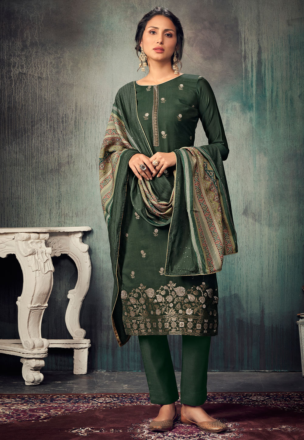 Green Muslin Pant Style Suit 234832