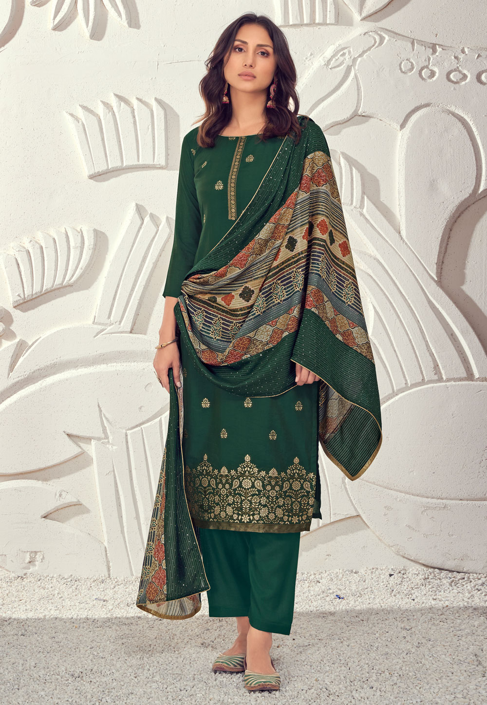 Green Muslin Pant Style Suit 234835