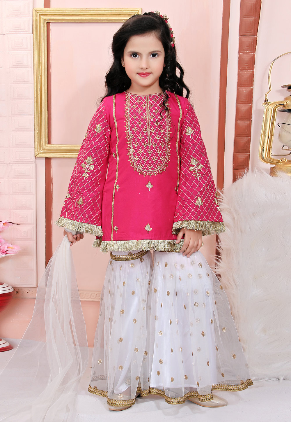 Pink Cotton Silk Kids Sharara Suit 217139