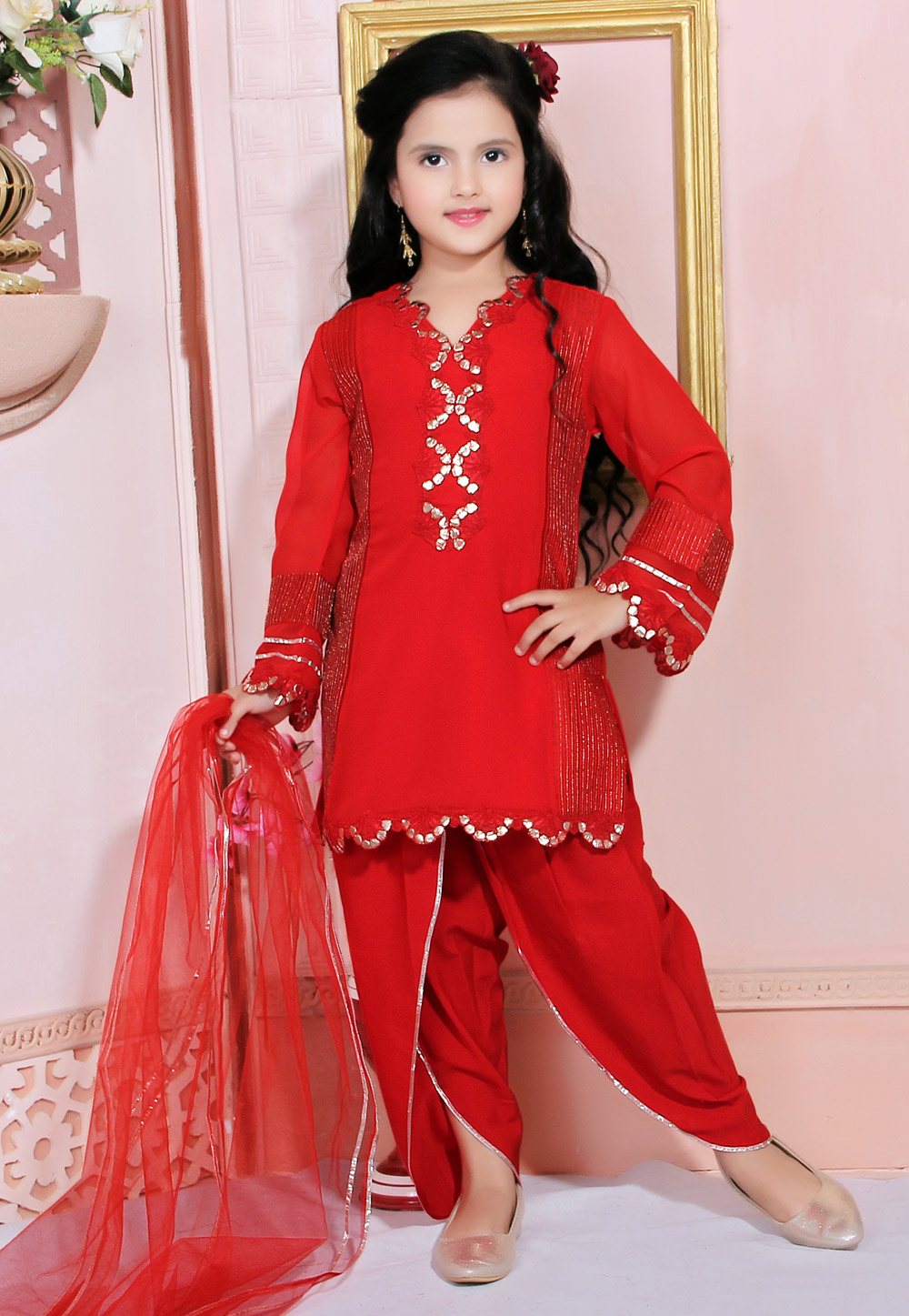 Red Faux Georgette Kids Dhoti Style Suit 217151