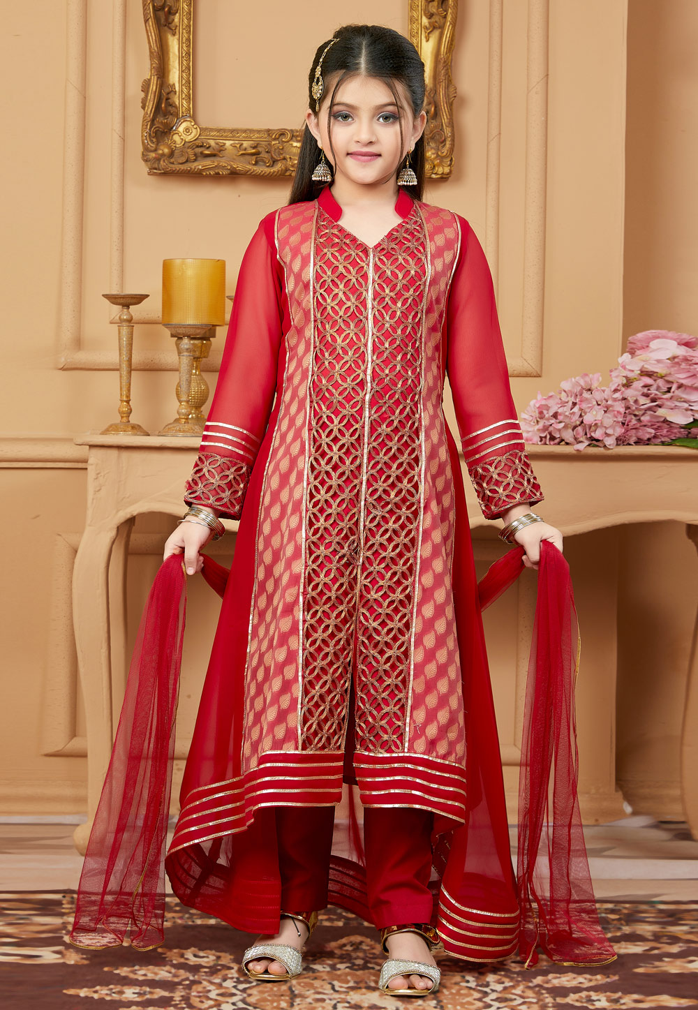Red Faux Georgette Kids Pant Style Suit 251474