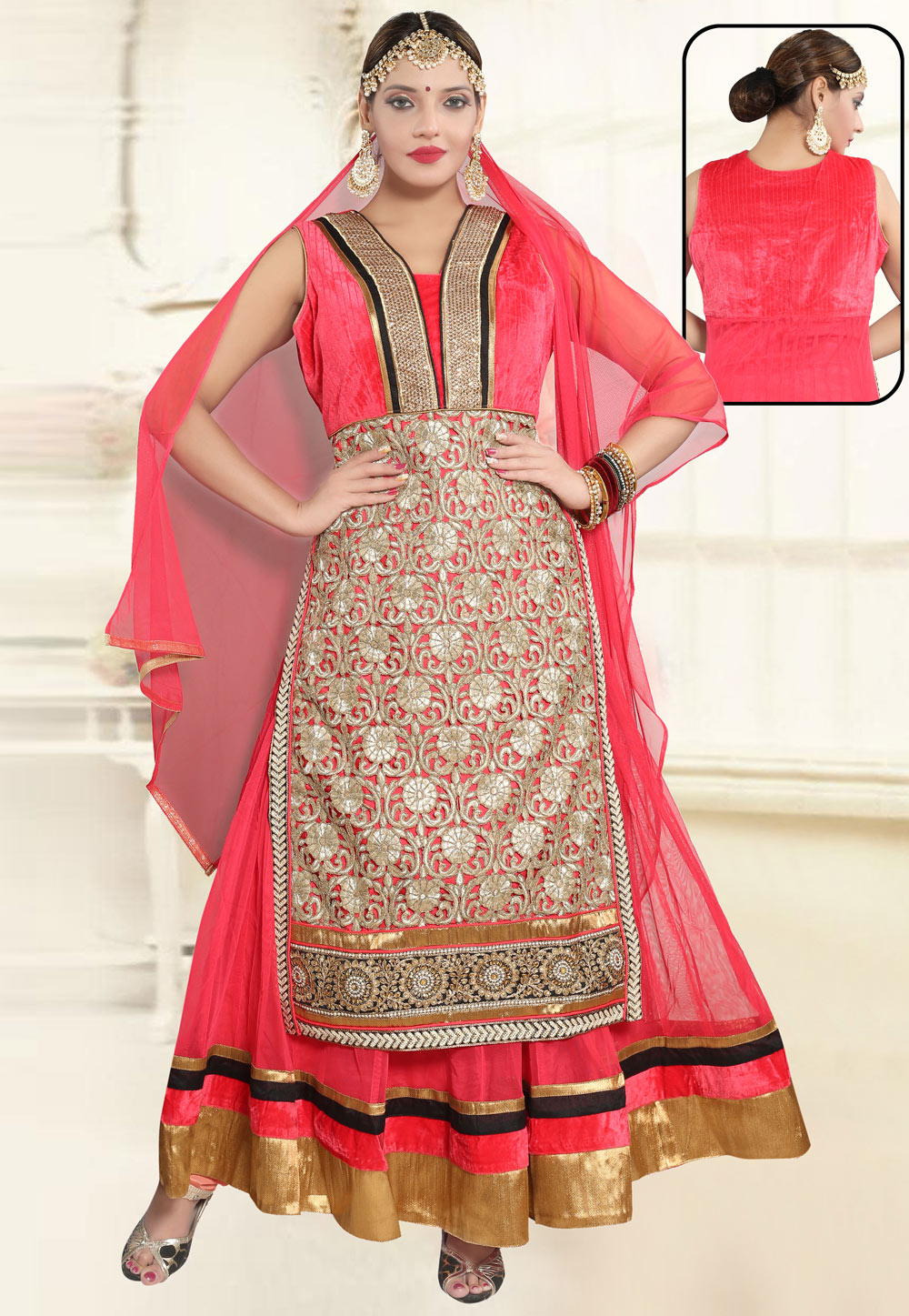 Pink Net Readymade Abaya Style Anarkali Suit 194276