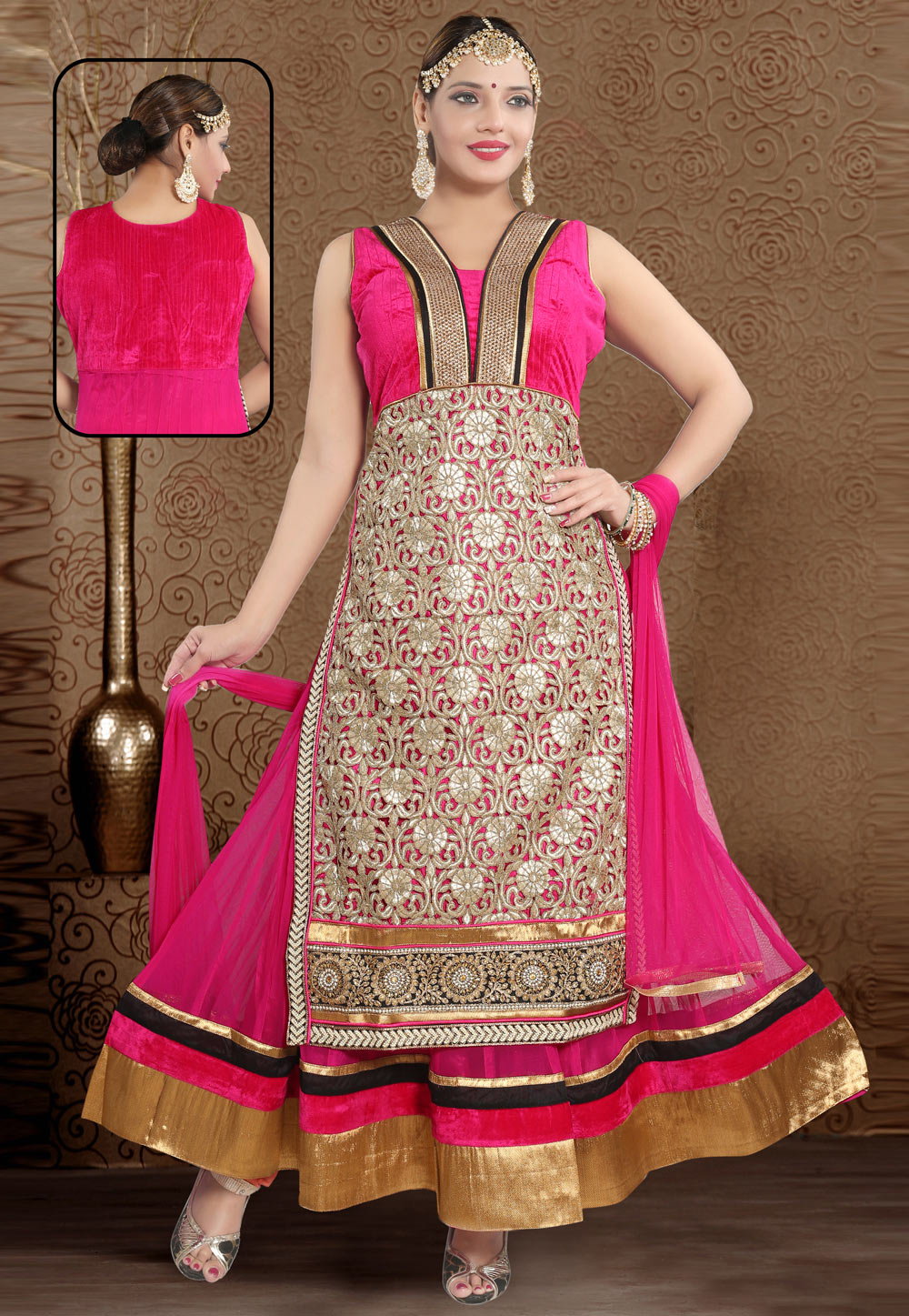 Pink Net Readymade Long Anarkali Suit 194277