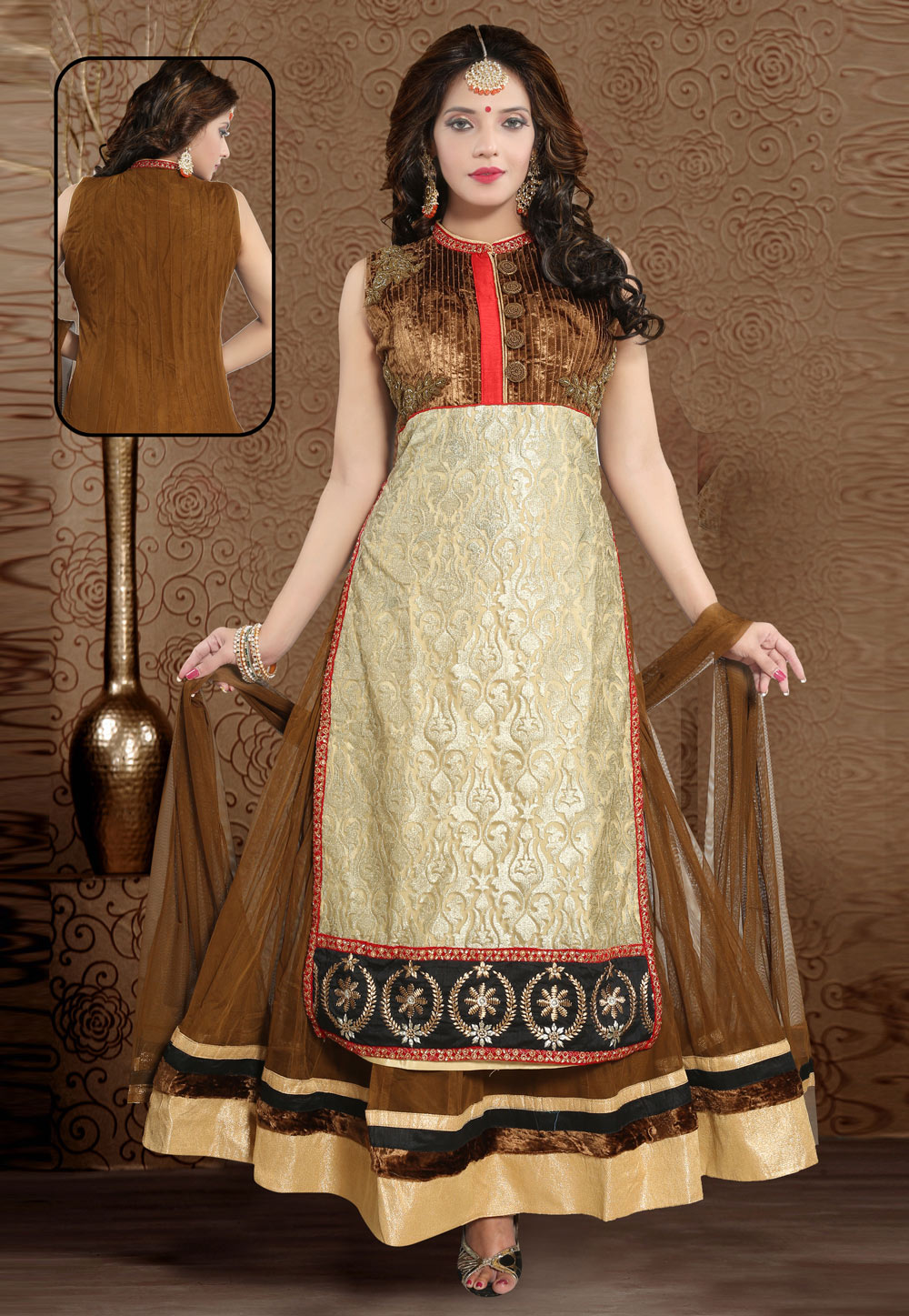 Brown Net Readymade Abaya Style Anarkali Suit 194280