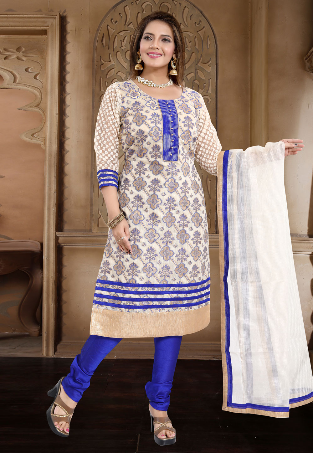 Blue Banarasi Silk Readymade Churidar Suit 177625