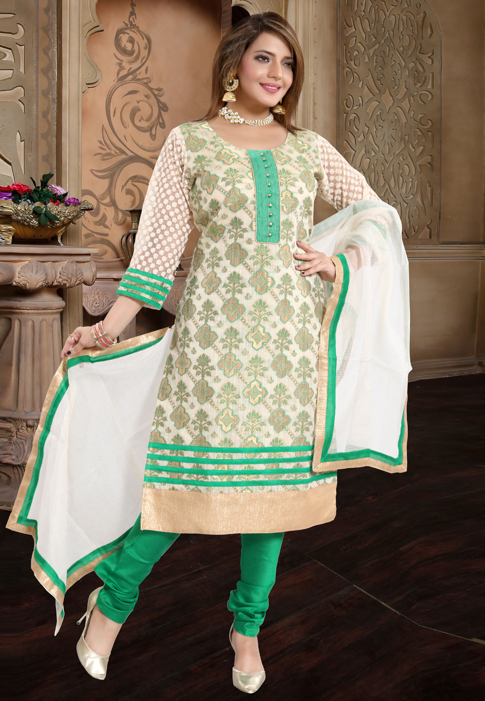 Green Banarasi Silk Readymade Churidar Salwar Kameez 177626