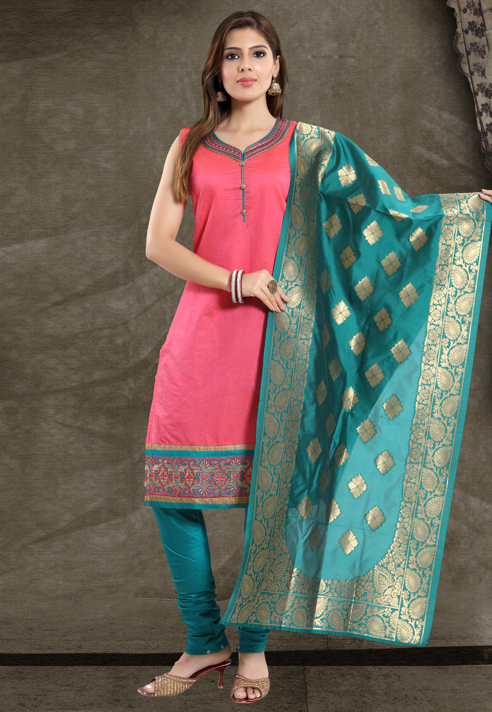 Pink Chanderi Silk Readymade Churidar Suit 177633