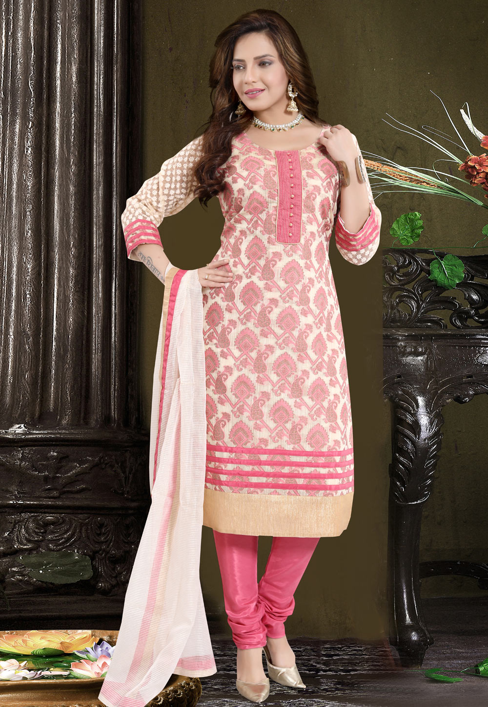 Pink Banarasi Silk Readymade Churidar Salwar Kameez 177644