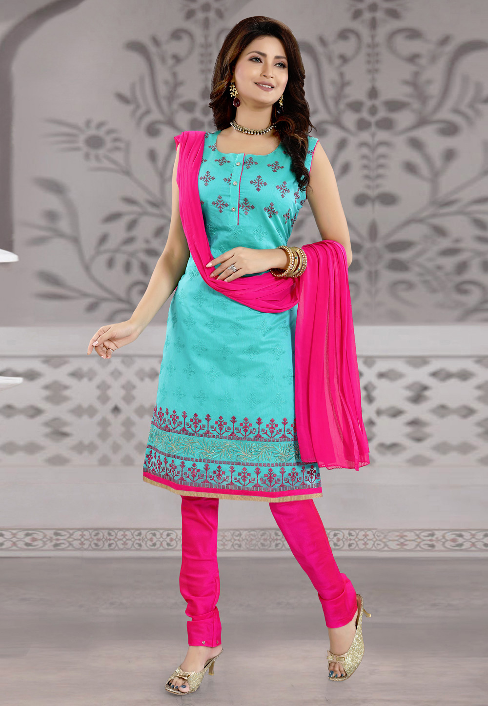 Turquoise Chanderi Silk Readymade Churidar Suit 187145