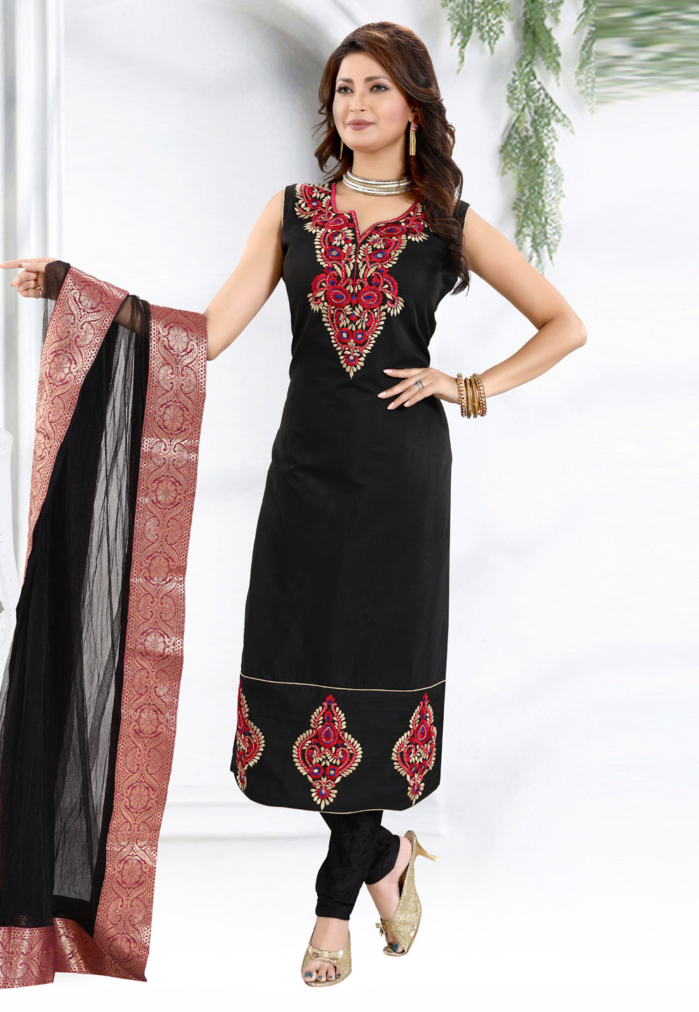 Black Chanderi Silk Readymade Churidar Suit 187149