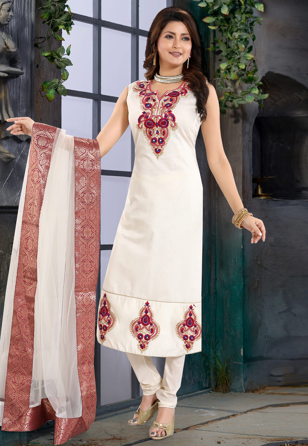 Cream Chanderi Silk Readymade Churidar Suit 187151