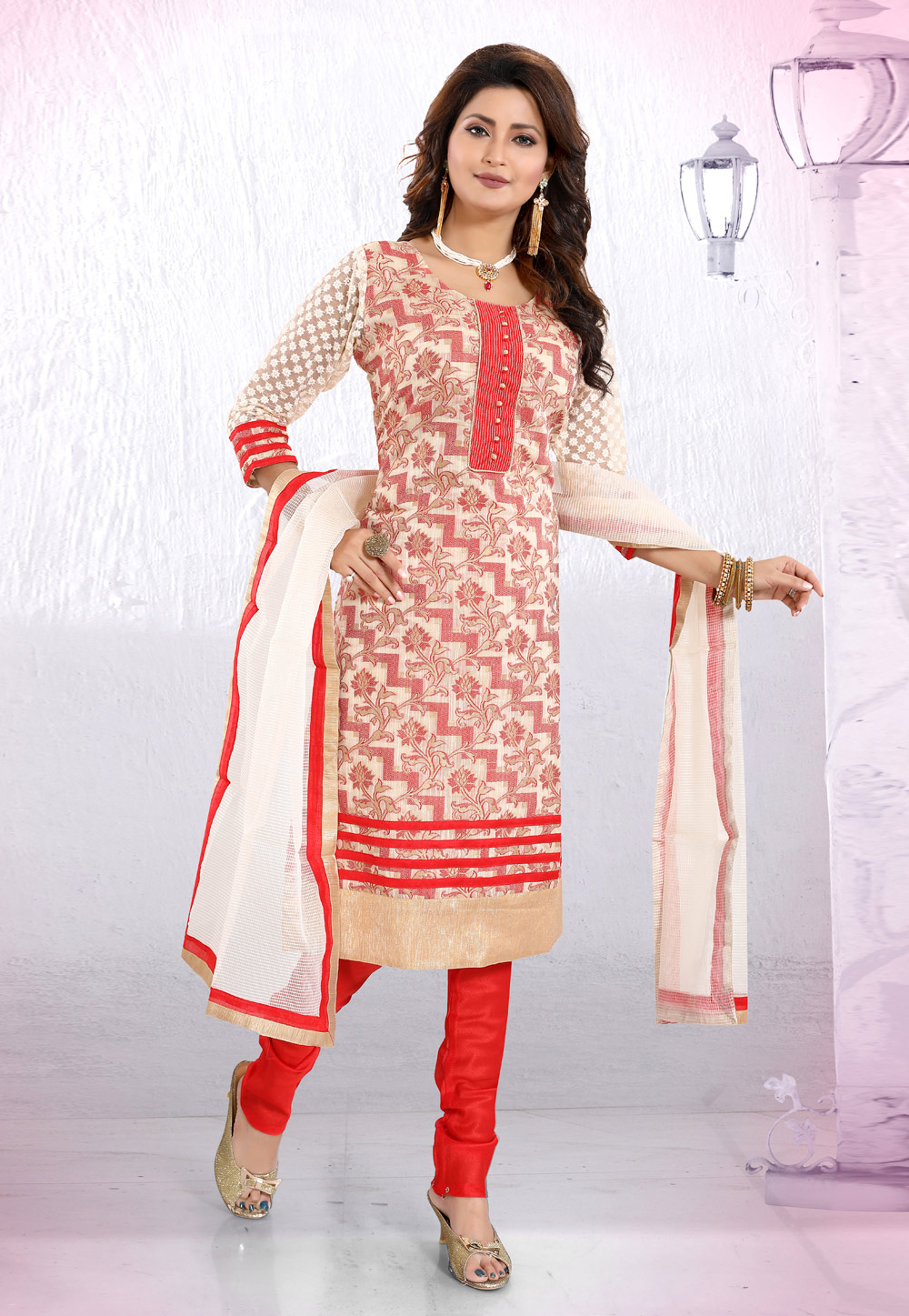 Red Banglori Silk Readymade Churidar Salwar Kameez 187156