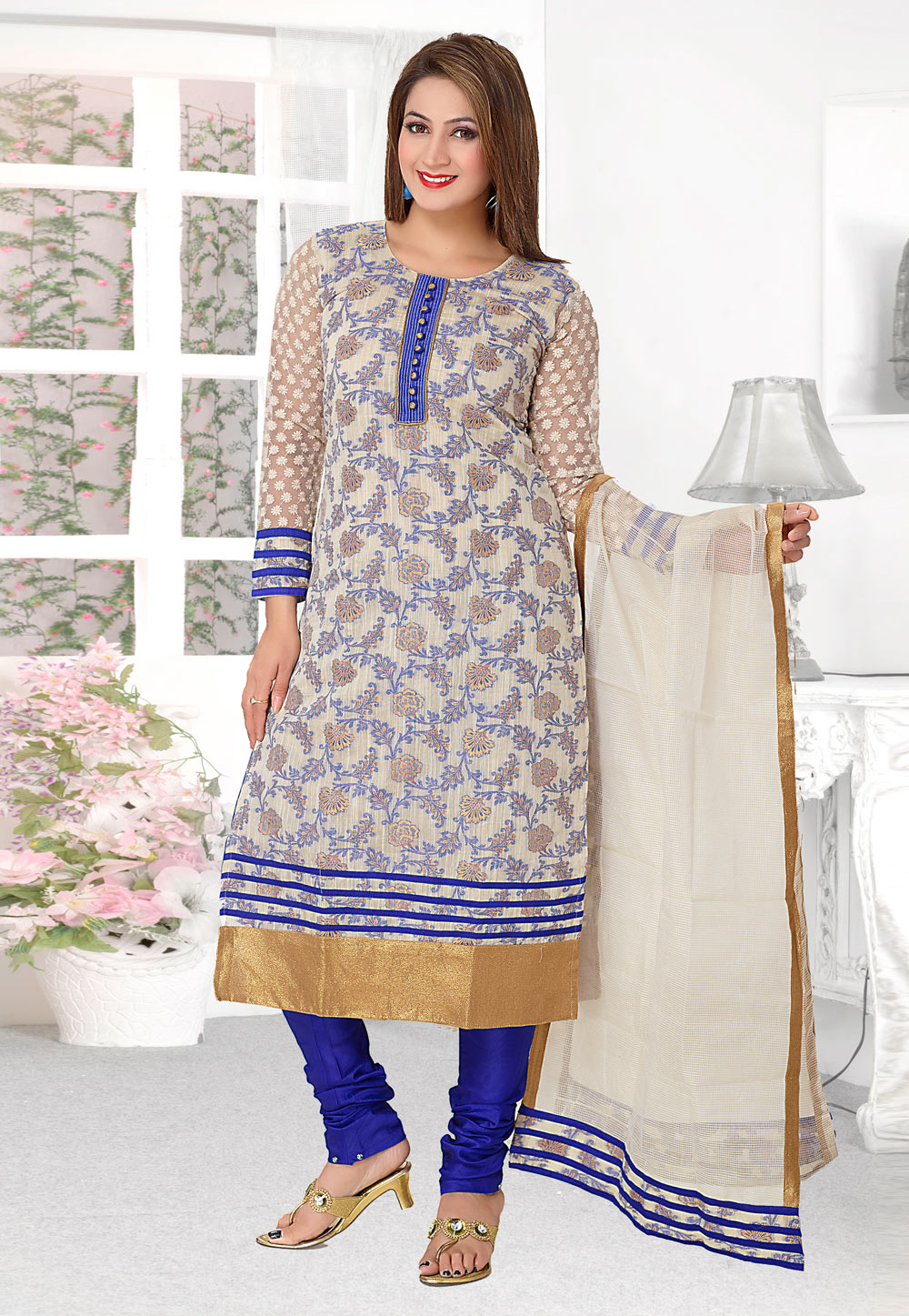 Blue Banarasi Silk Readymade Churidar Suit 209511