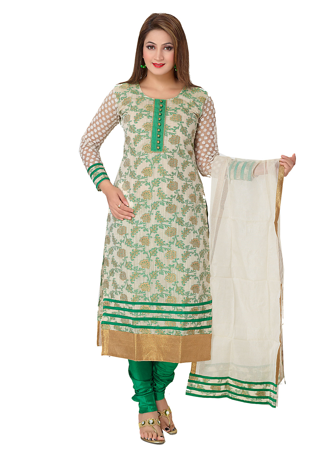 Green Banarasi Silk Readymade Churidar Salwar Kameez 209512