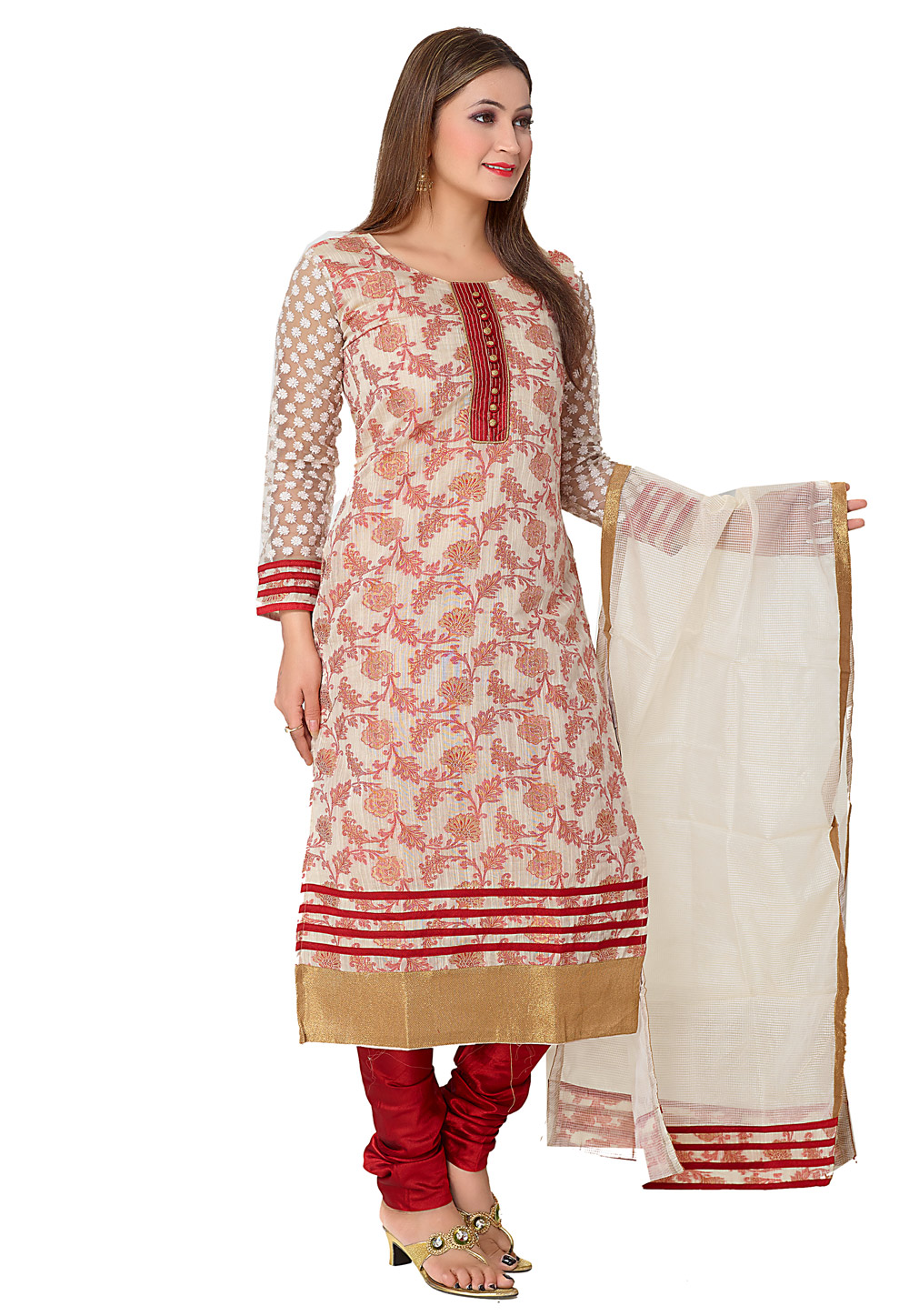 Red Banarasi Silk Readymade Churidar Salwar Kameez 209514