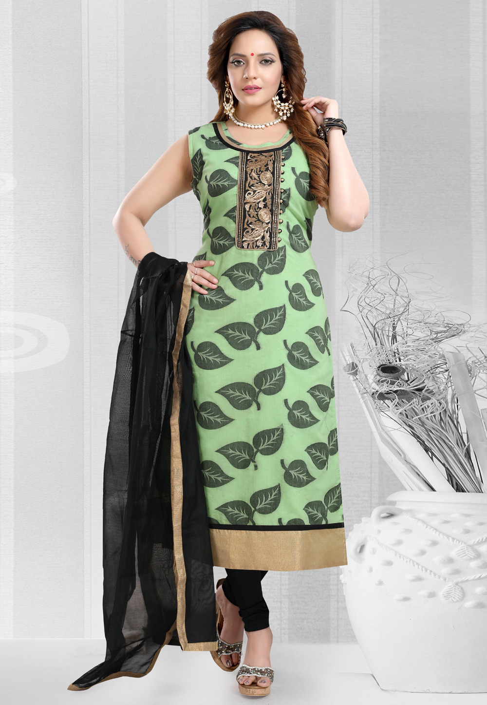 Light Green Banarasi Silk Readymade Churidar Salwar Kameez 209516