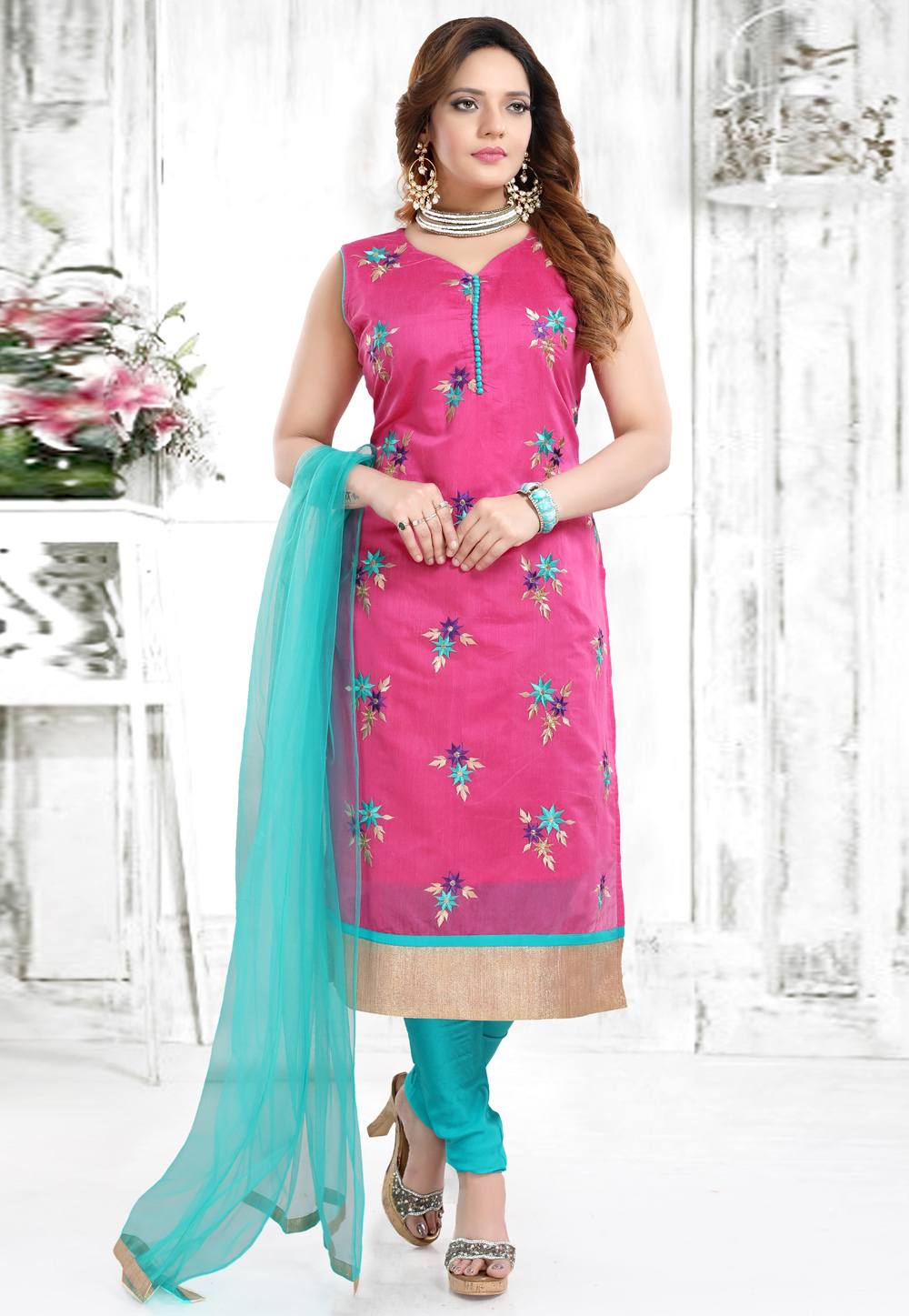 Pink Chanderi Silk Readymade Churidar Salwar Kameez 209522