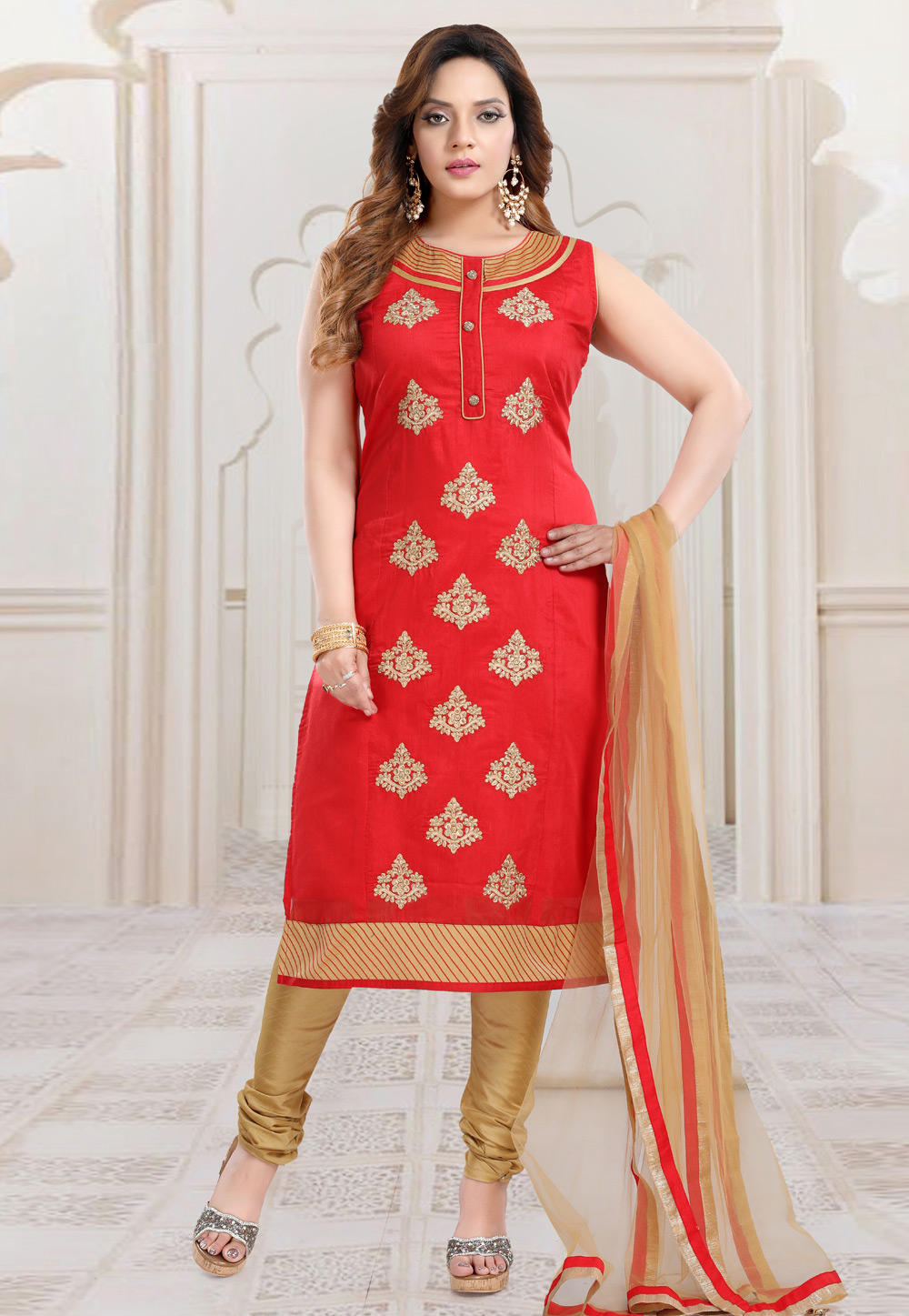 Red Chanderi Silk Readymade Churidar Salwar Kameez 209524