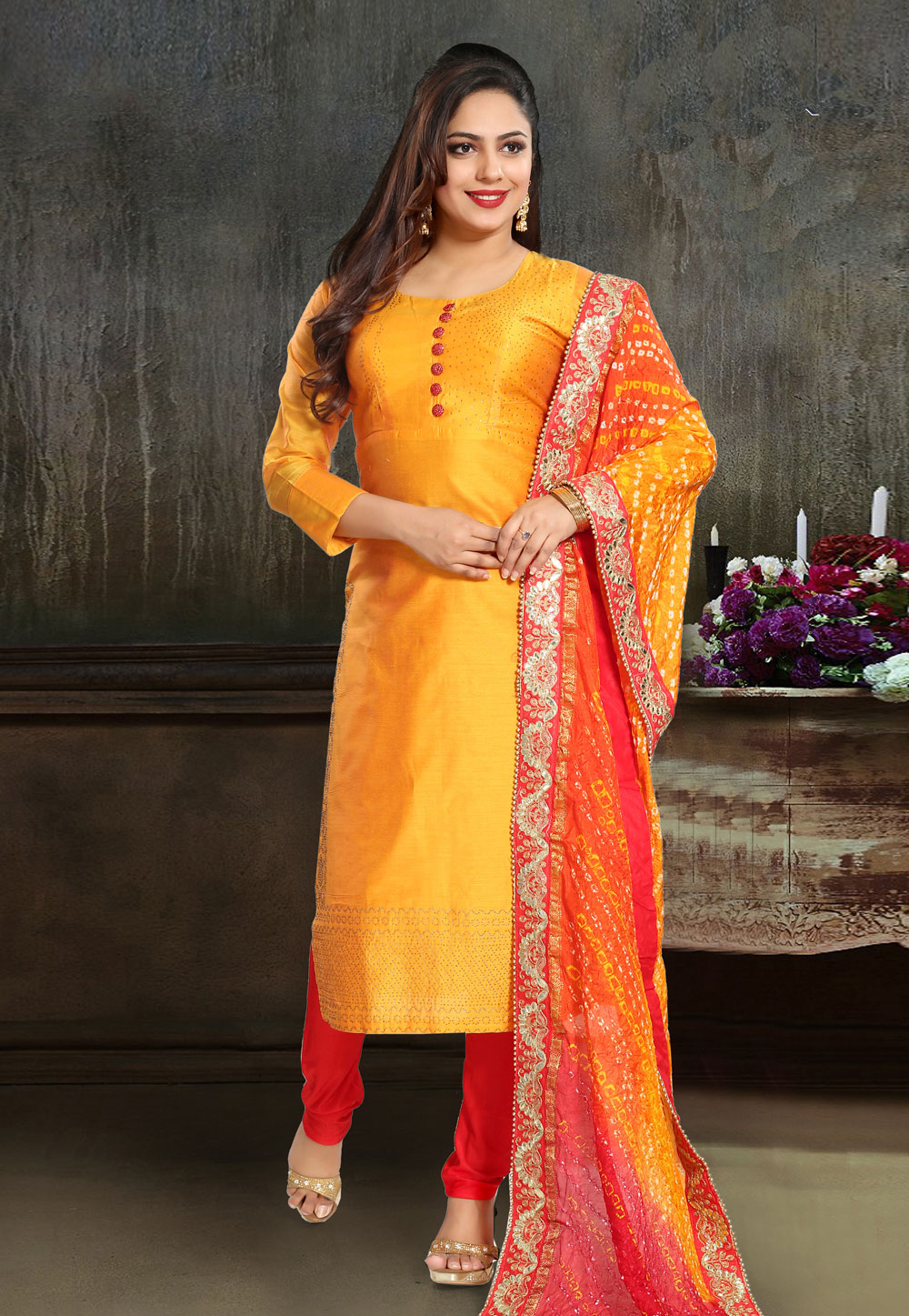 Orange Chanderi Silk Readymade Churidar Suit 212708