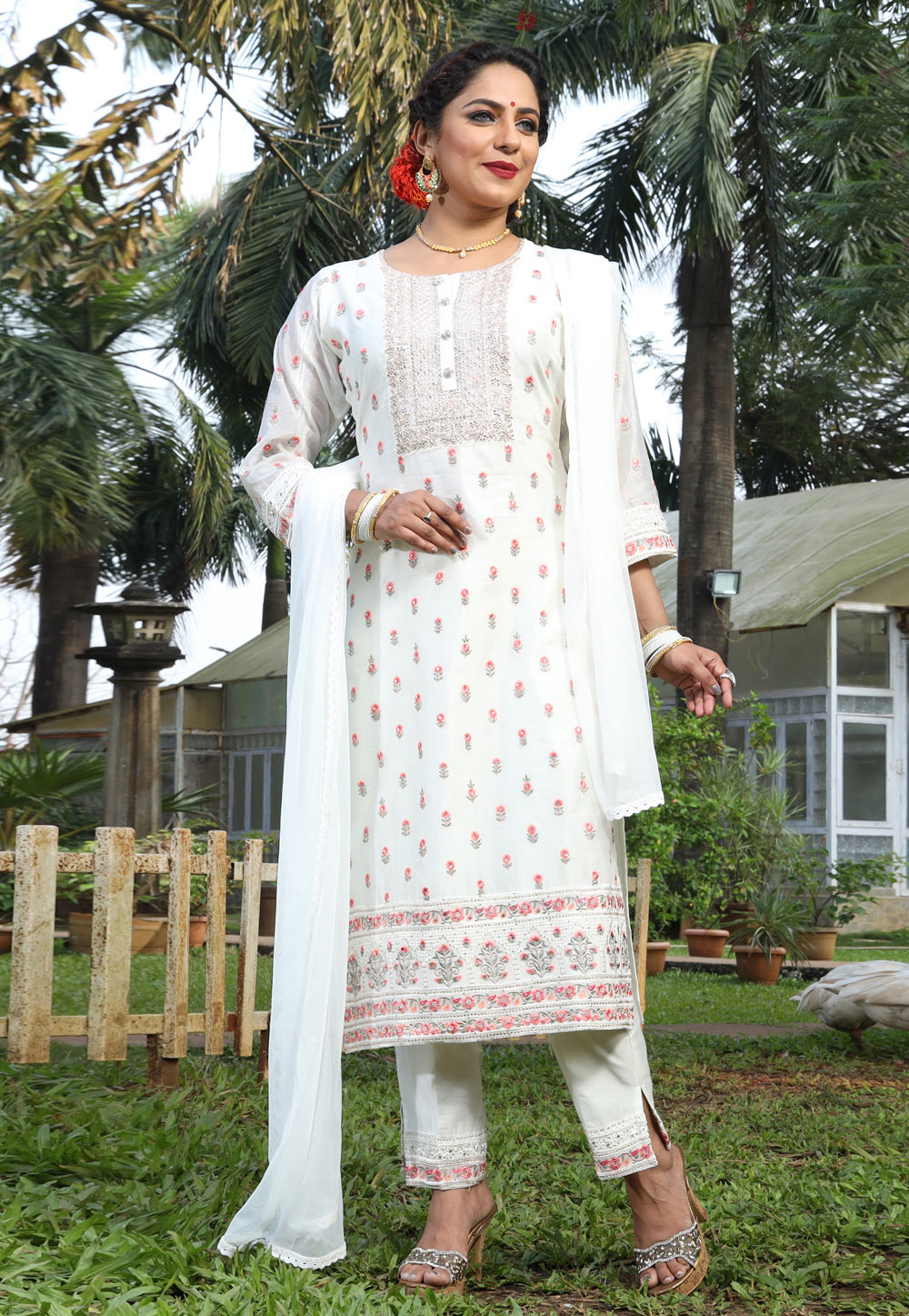 White Chanderi Silk Readymade Pant Style Suit 212711
